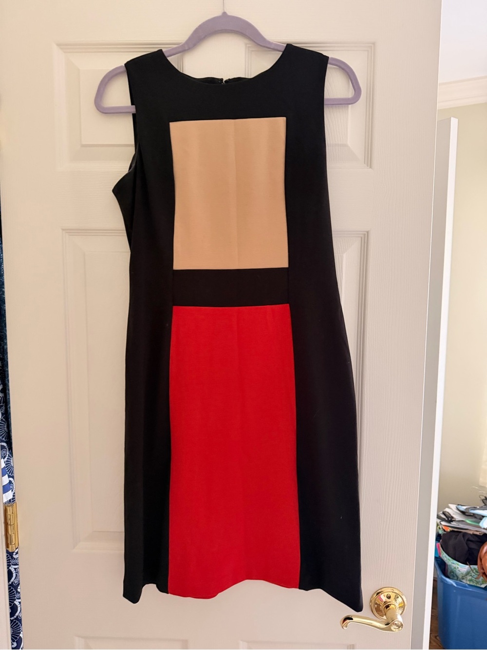 Calvin Klein Black Sheath Dress with Red & Beige Panels